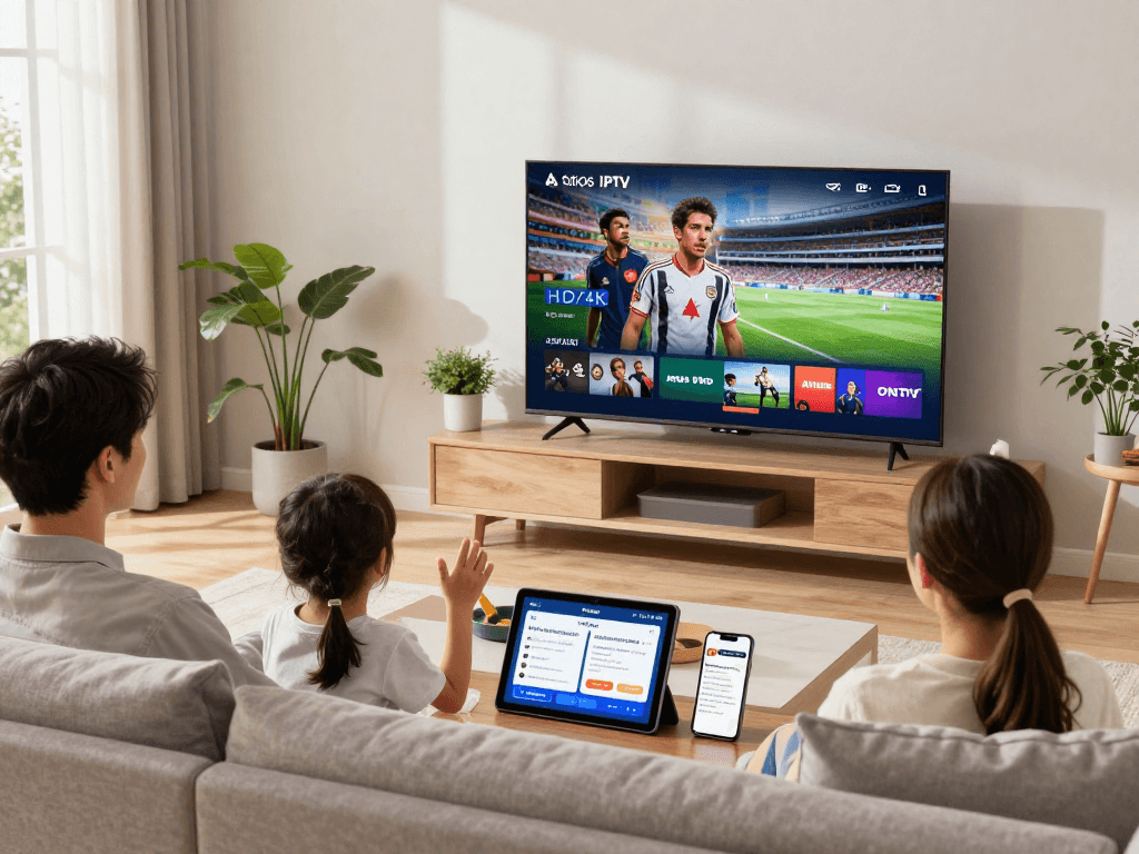 Famille profitant d'Atlas Pro IPTV sur un téléviseur HD dans un salon accueillant.