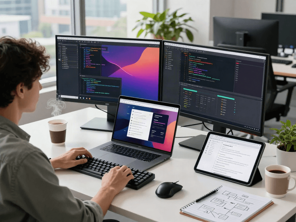 Développeur concentré travaillant sur Atlas pro ontv avec plusieurs écrans affichant du code dans un bureau moderne.