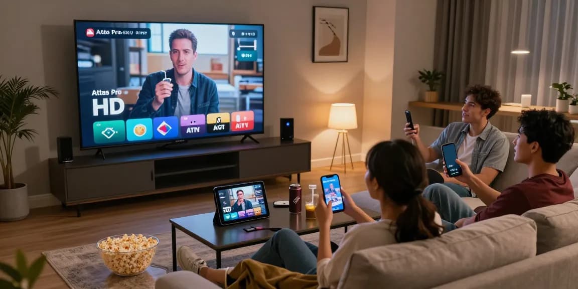 Soirée cinéma avec Atlas pro, amis profitant d'une expérience de visionnage multi-écrans en HD.